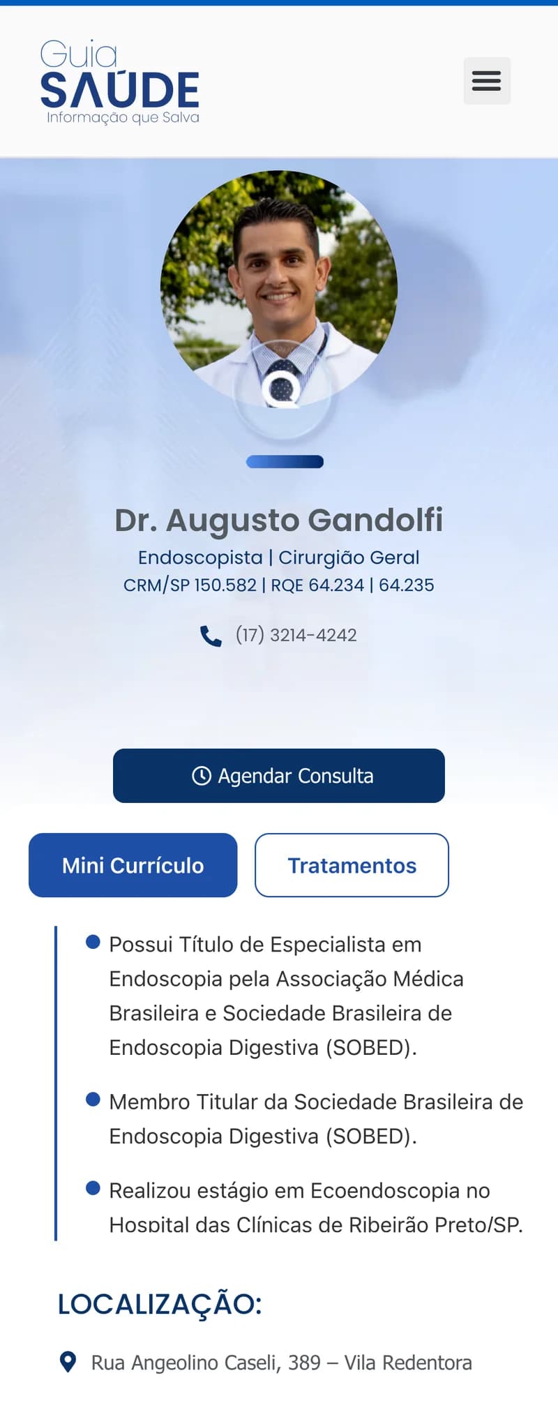 Perfil do Dr. Augusto Gandolfi no Guia Saúde IQS, visto no celular: foto, especialidade, registro, telefone, mini currículo e endereço